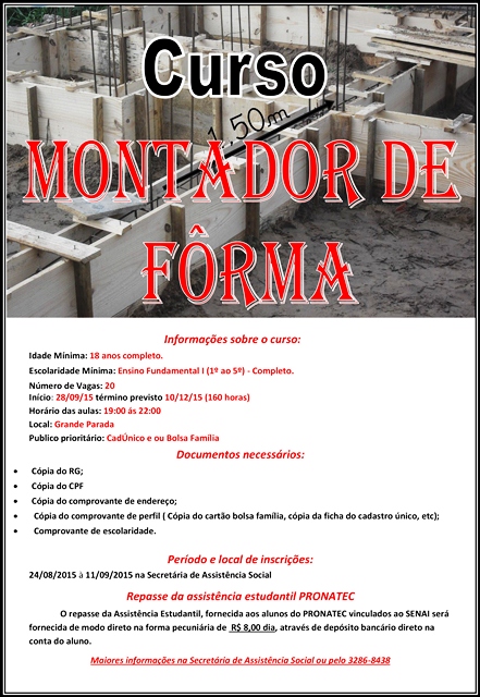 Começa em Capitão inscrições para curso de montador de fôrma