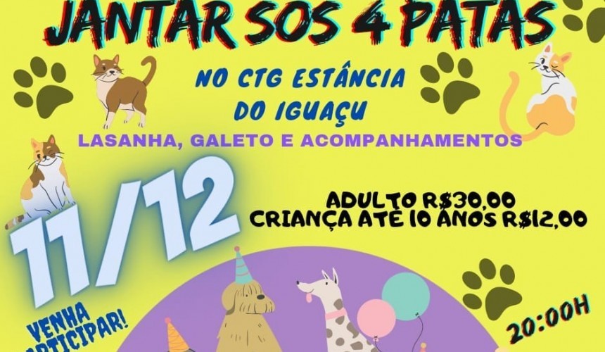 SOS 4 patas vai promover jantar beneficente para arrecadar fundos para a instituição