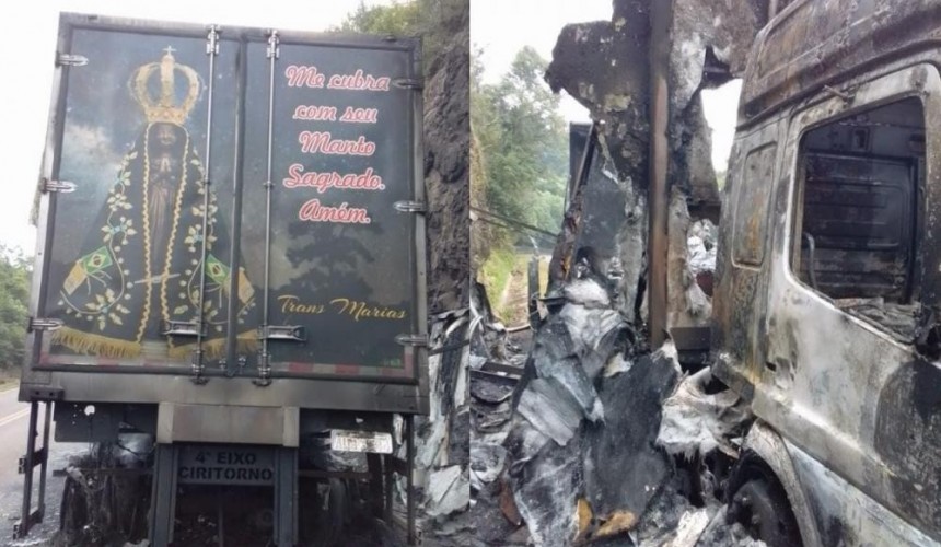 Incrível: Caminhão pega fogo, fica completamente destruído e a única parte que não queima é a imagem de Nossa Senhora Aparecida