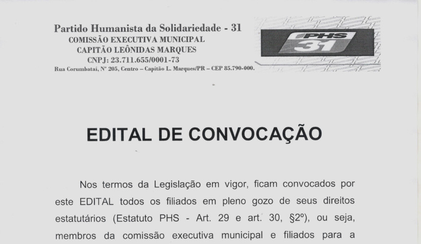 Capitão: Edital convenção do PHS