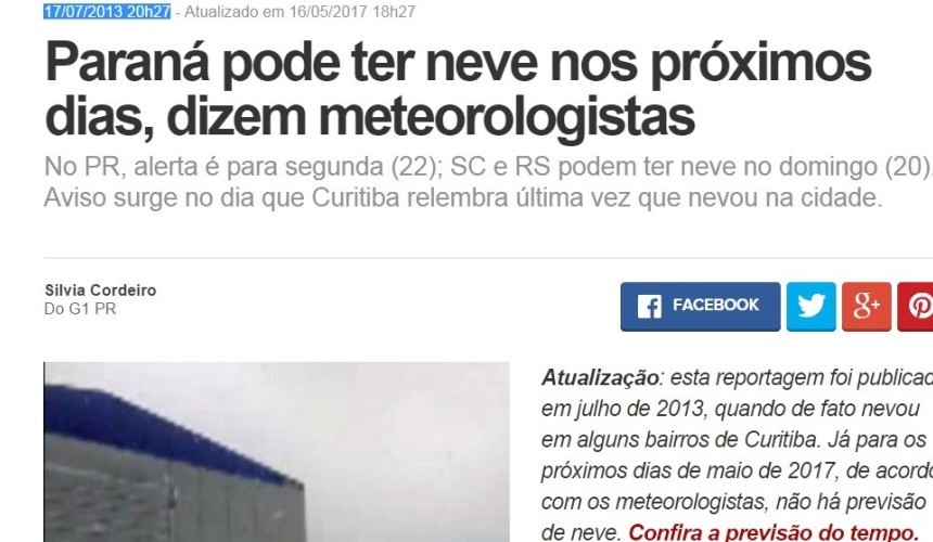 EXCLUSIVO: Noticia antiga de site da Globo gera boatos que neve pode cair nos próximos dias