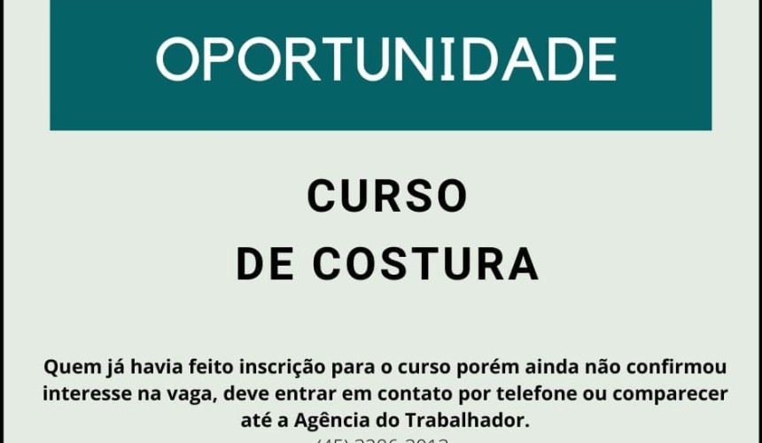 Curso de costura pretende capacitar e contratar mais de 70 trabalhadores em Capitão; Vagas estão abertas