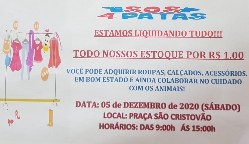 S.O.S. 4 Patas de Capitão realiza bazar neste sábado com peças à R$ 1 Real