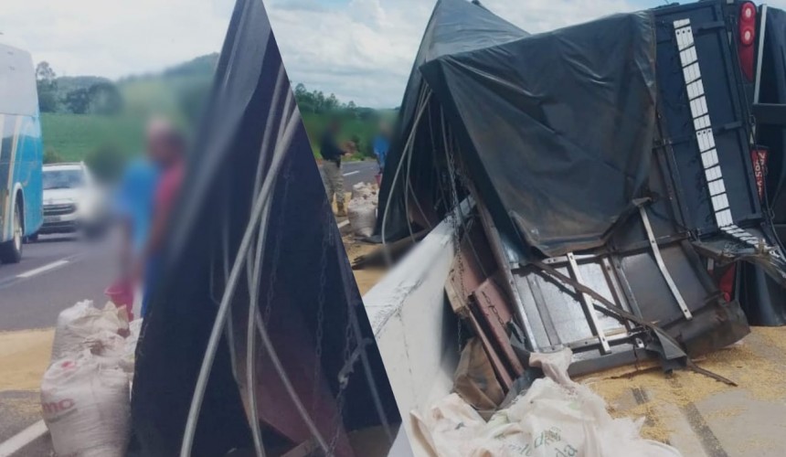 Caminhão carregado de Soja tomba na BR 163 próximo a comunidade do Boi Preto em Lindoeste