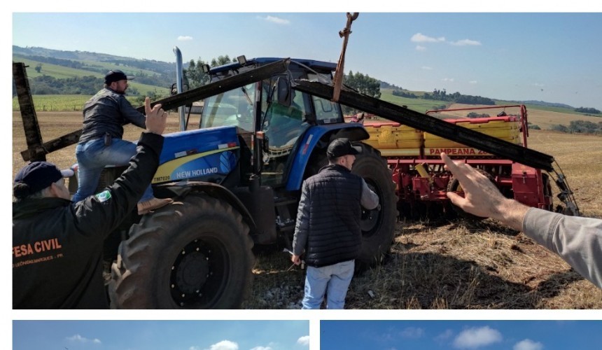 Poste da rede de alta tensão cai sobre trator após colisão no interior de Capitão