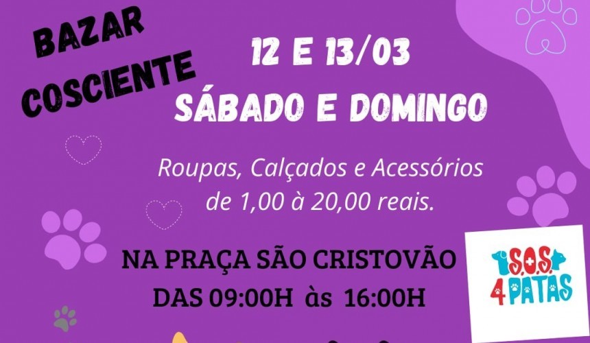 Bazar Consciente promovido pela SOS 4 Patas acontecerá nos dias 12 e 13 em Capitão