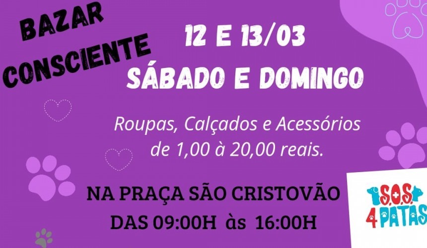 Bazar Consciente promovido pela S.O.S. 4 Patas acontecerá no próximo final de semana em Capitão