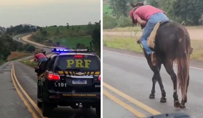 Quase ‘caiu do cavalo’: PRF flagra cavaleiro ‘embriagado’ na BR-163 em Lindoeste