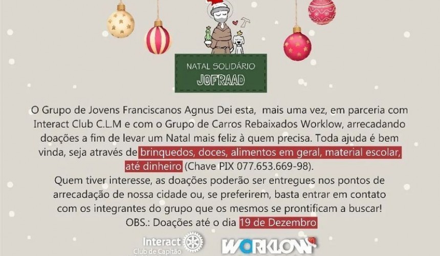 Grupo de Jovens Jofraad de Capitão está recebendo doações para Campanha Natal Solidário