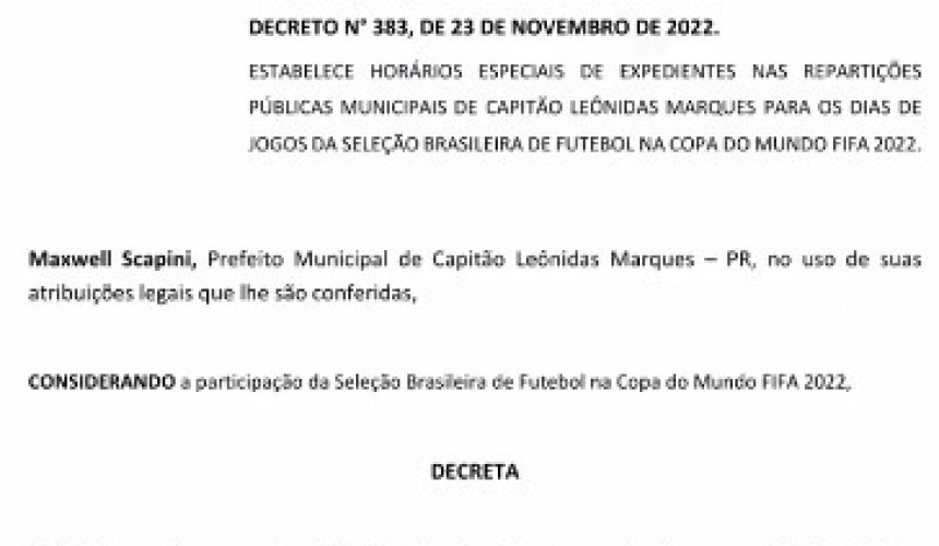Capitão define horário de expediente em dias de jogos do Brasil na Copa