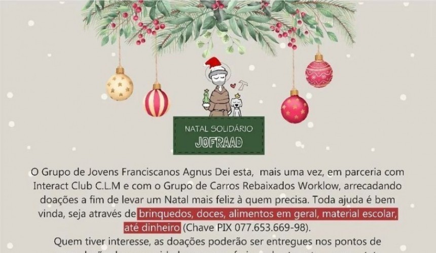 Doações para a Campanha Natal Solidário 2022 do Jofraad de Capitão vão até o dia 19 de Dezembro