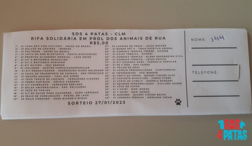 S.O.S 4 Patas de Capitão promove rifa solidária em prol dos animais de rua