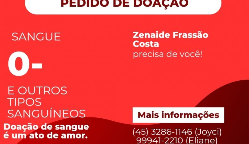 Doação de sangue: Zenaide Frassão Costa precisa da sua ajuda