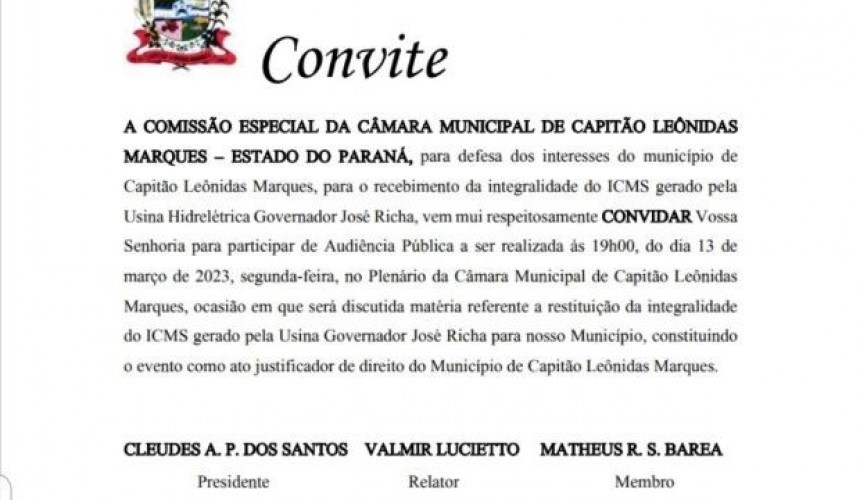 Audiência pública irá discutir a busca de 100% do ICMS da Usina Salto Caxias para Capitão