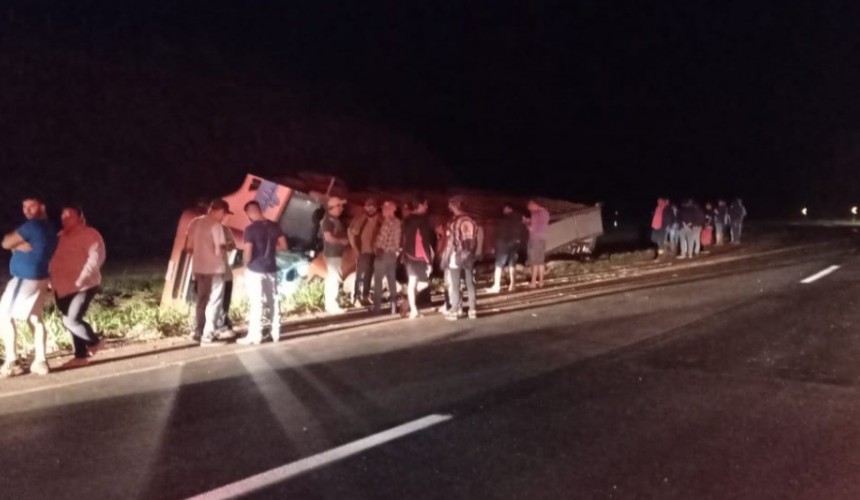Caminhão carregado com suínos tomba na BR 163 em Lindoeste