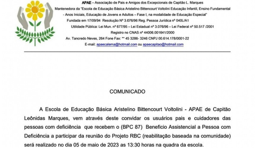 APAE de Capitão realiza nesta sexta-feira (05) reunião para pais e cuidadores de pessoas com deficiência que recebem o BPC