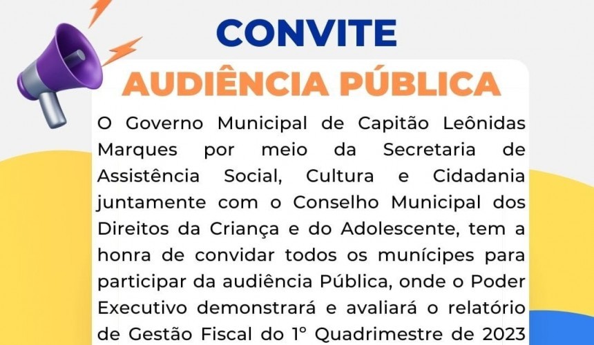 Audiência Pública do 1º Quadrimestre de 2023 do Fundo Municipal dos Direitos da Criança e do Adolescente acontece no próximo dia 30 em Capitão