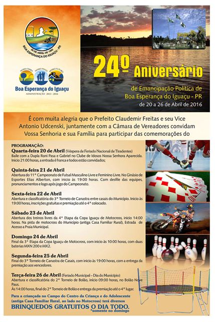 Município de Boa Esperança do Iguaçu estará de aniversário em 26 de abril - 24º Ano da Emancipação