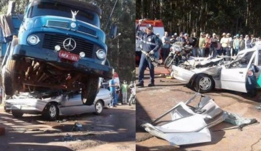 Caminhão para em cima de carro após acidente na PR-486