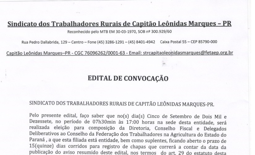 Edital de convocação para eleição da nova diretoria do STR de Capitão