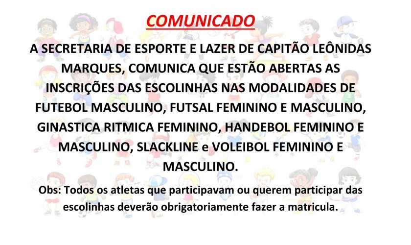 Secretaria de Esportes de Capitão abre inscrições para escolinhas esportivas