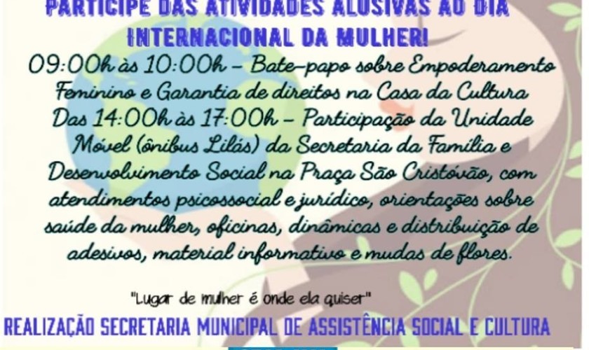 Secretaria de Assistência Social de Capitão realiza amanhã atividades alusivas ao dia Internacional da Mulher