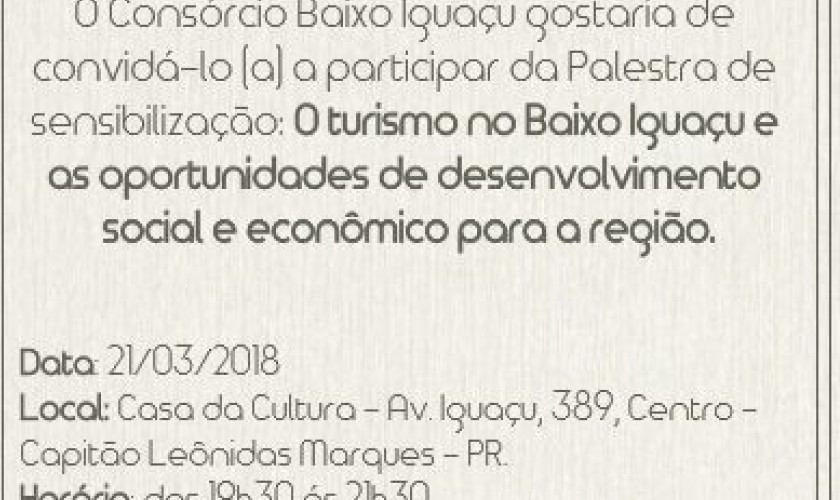 Palestra sobre potenciais turísticos na região do Baixo Iguaçu será ministrada hoje em Capitão