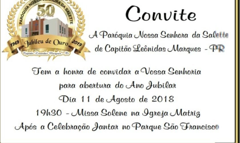 Acontece neste sábado a abertura do ano Jubilar da Paróquia Nossa Senhora da Salete de Capitão