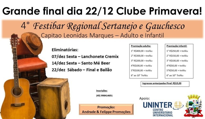 Hoje tem eliminatória do Festibar em Capitão