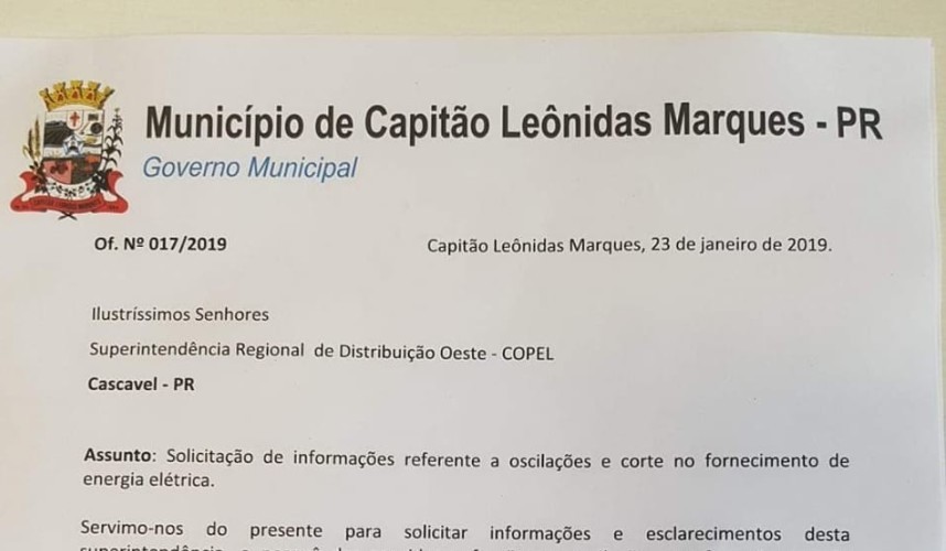 Prefeito Claudio encaminha oficio para a Copel solicitando explicações sobre quedas de luz em Capitão