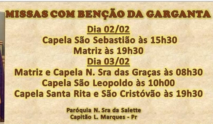 Missas com benção da garganta serão realizadas neste final de semana em Capitão